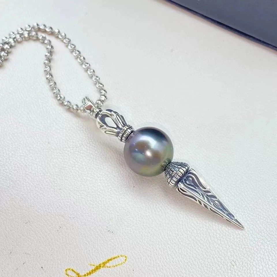 charming 10-11mm tahitian round black green pearl pendant 925s - Image 2 of 4