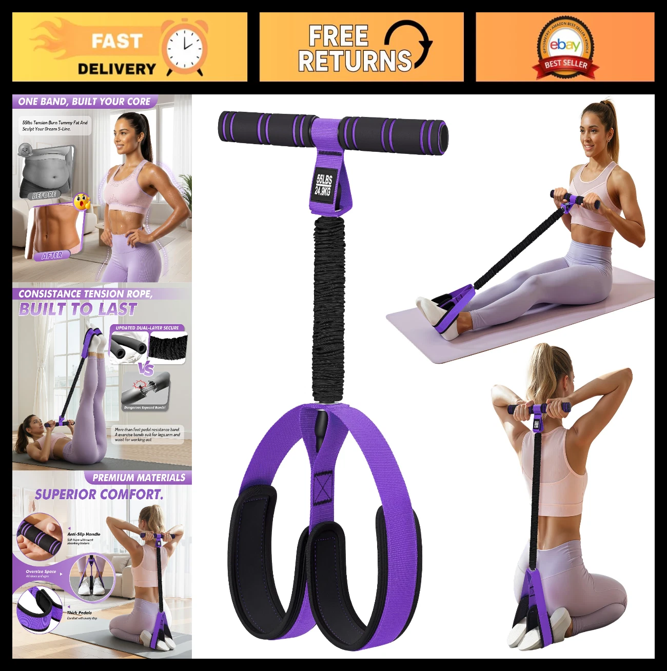 55LBS Pedal Resistance Band with Handle for Core, Abs, Legs, Glutes - Home Gym E