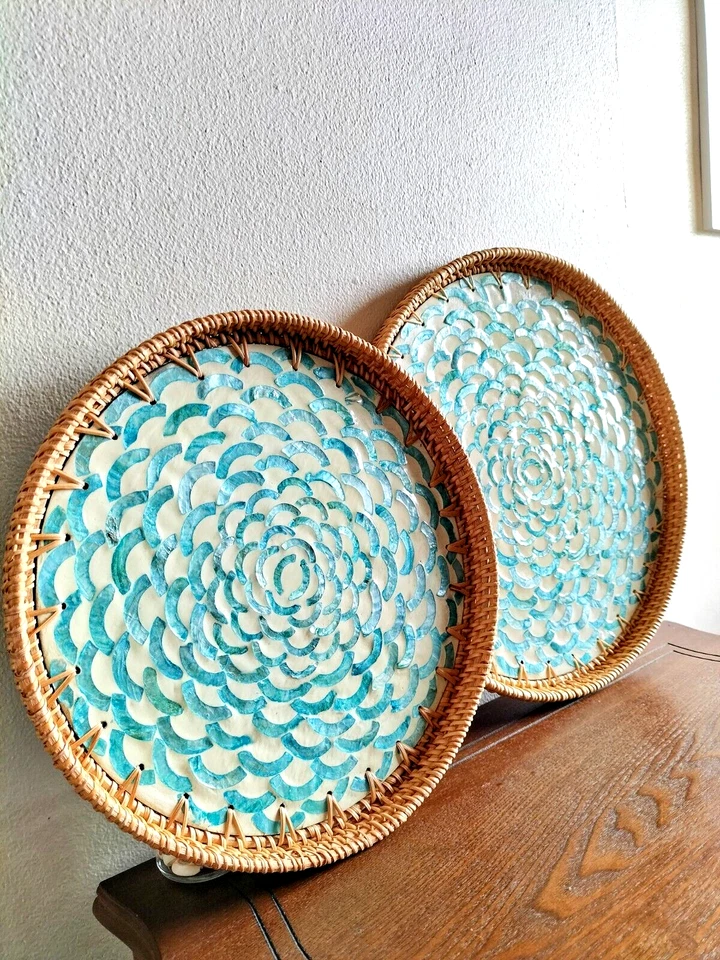 Mother of Pearl Rattan Handmade Serving Tray (Set of 2) - Image 3 of 4