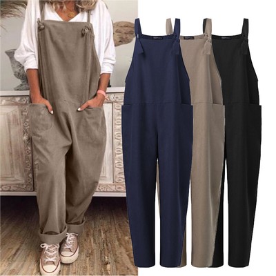 H.Wang Womens Sleeveless Overall Plus Size Jumpsuit Baggy Romper Bib Loose Trousers