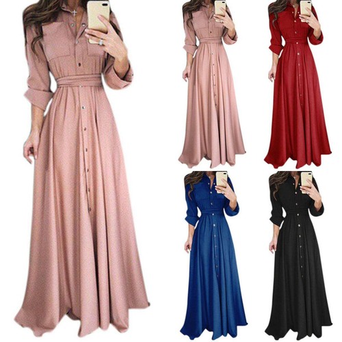 Belt Maxi Dress Ladies Casual Office 