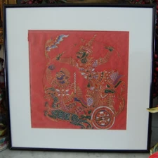 VINTAGE 1980'S FRAMED MATTED THAI ASIAN RAVANA FOLKLORE PAINTING ON RED SILK #5