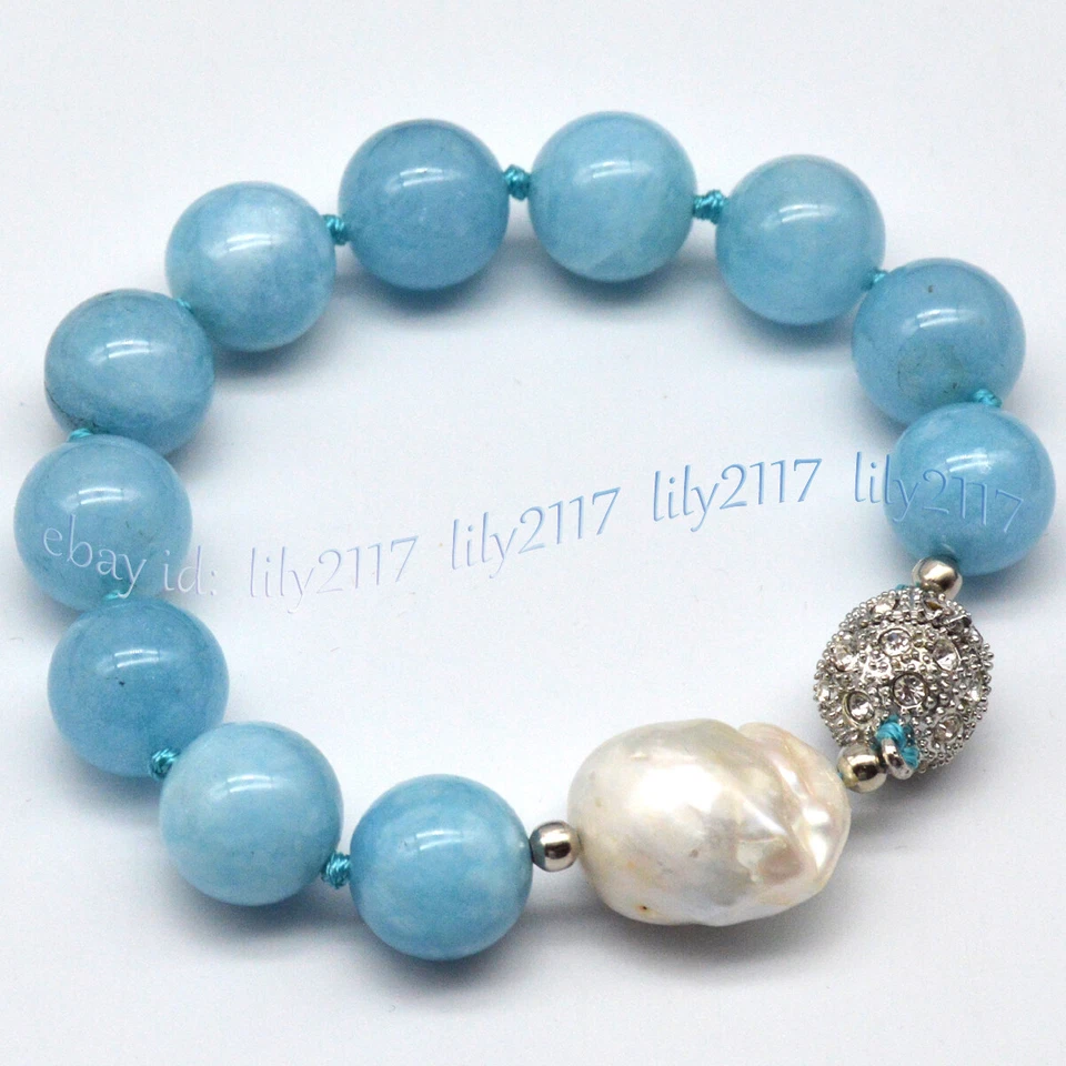 Pulsera de perlas barrocas Keshi blancas con cuentas redondas de piedras preciosas aguamarina azul natural Foto 2 de 4