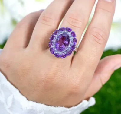 Amazing Flower Halo Style With Lab-Created Purple Amethyst & Blue Sapphire Ring