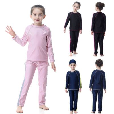Kids Swimsuit Round Neck Long Sleeved Swiming Top Pants Cap Girl Swim 3Piece Set
