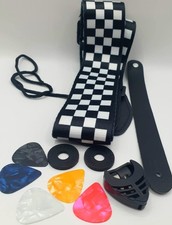 Checkered Guitar Strap + Plectrum Holder And Plectrums
