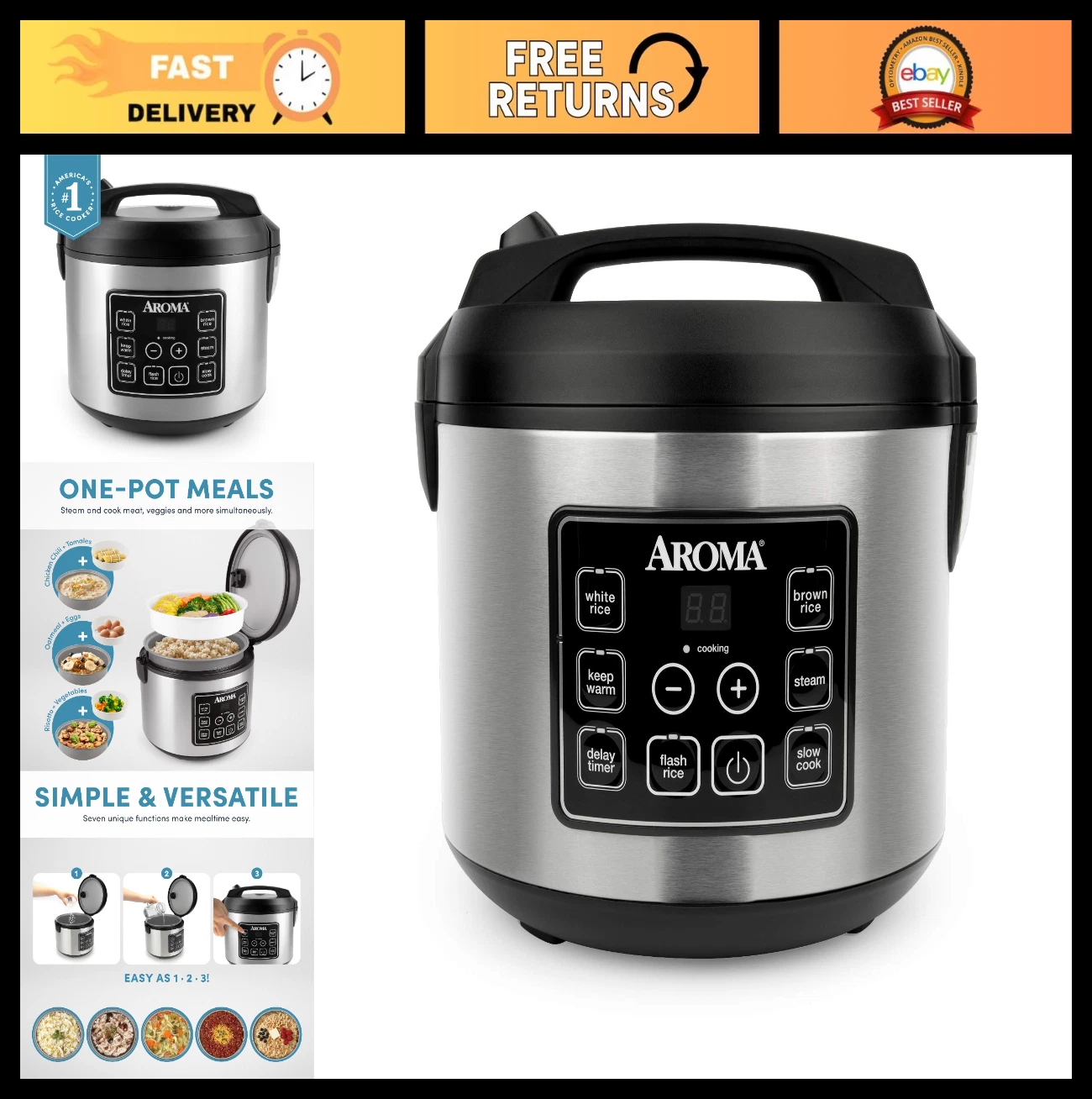 20-Cup Digital Rice Cooker & Steamer, Slow Cooker, Stainless Steel Exterior, Bla