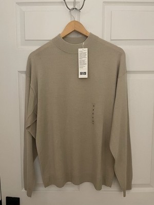 Uniqlo U New Merino Mock Neck Beige Sweater Soft Wool Blend Classic 