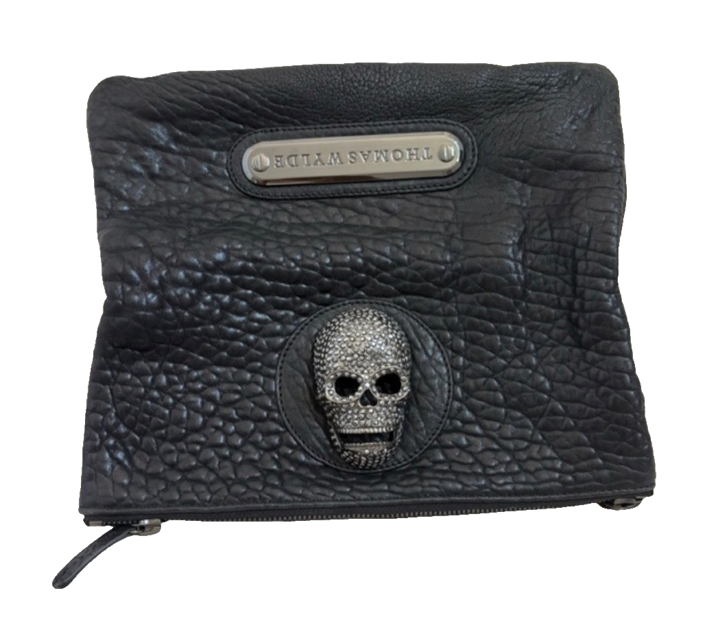 THOMAS WYLDE BLACK PEBBLED LEATHER FOLD-OVER SKULL CLUTCH | eBay