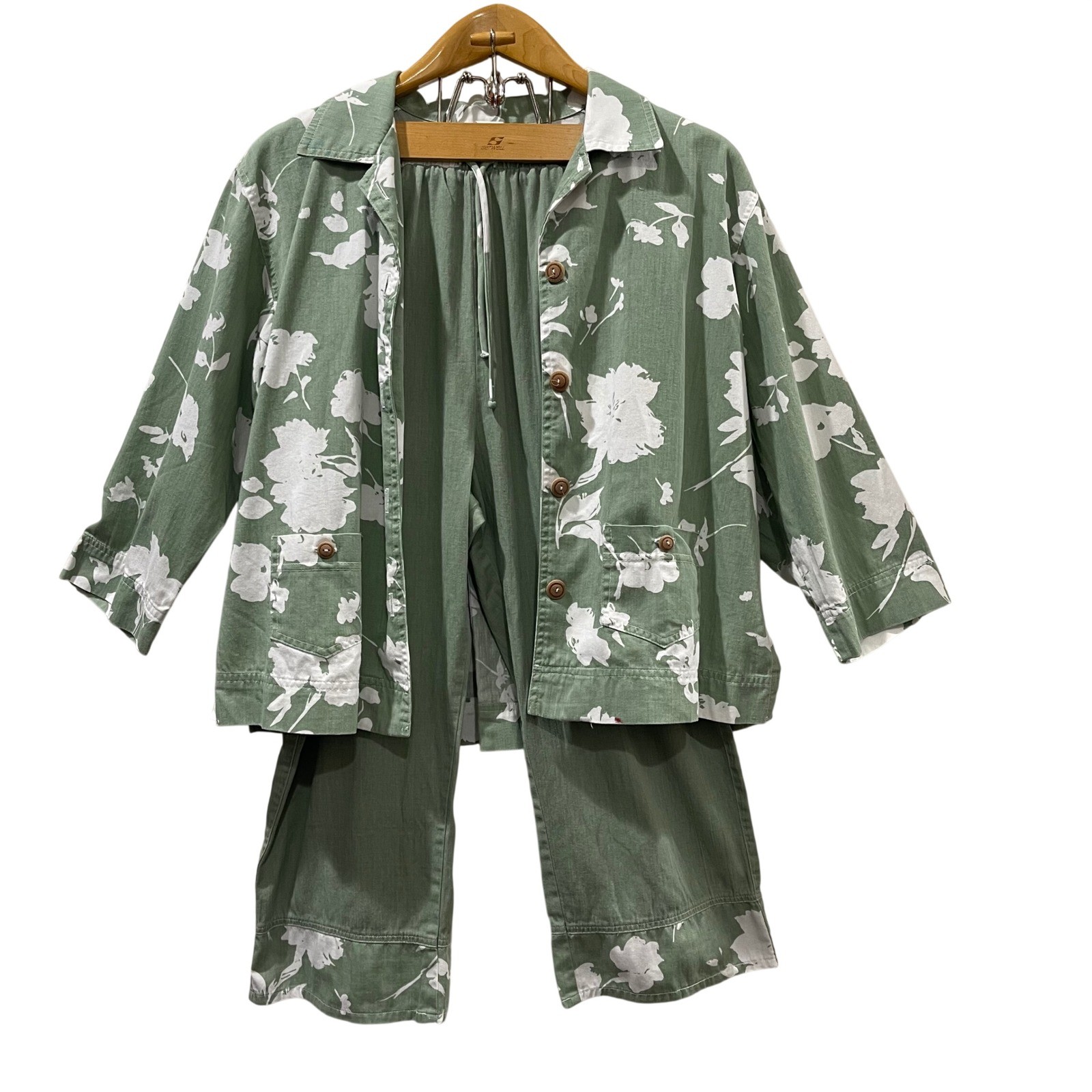 Orvis Pant Set Women 14 Green Floral Cotton Jacket Elastic W