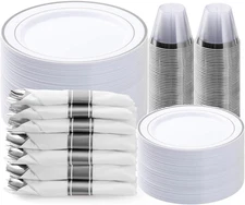 BESTVIP 350PCS Silver Plastic Dinnerware Set, Disposable Party Plates for 50 Gue