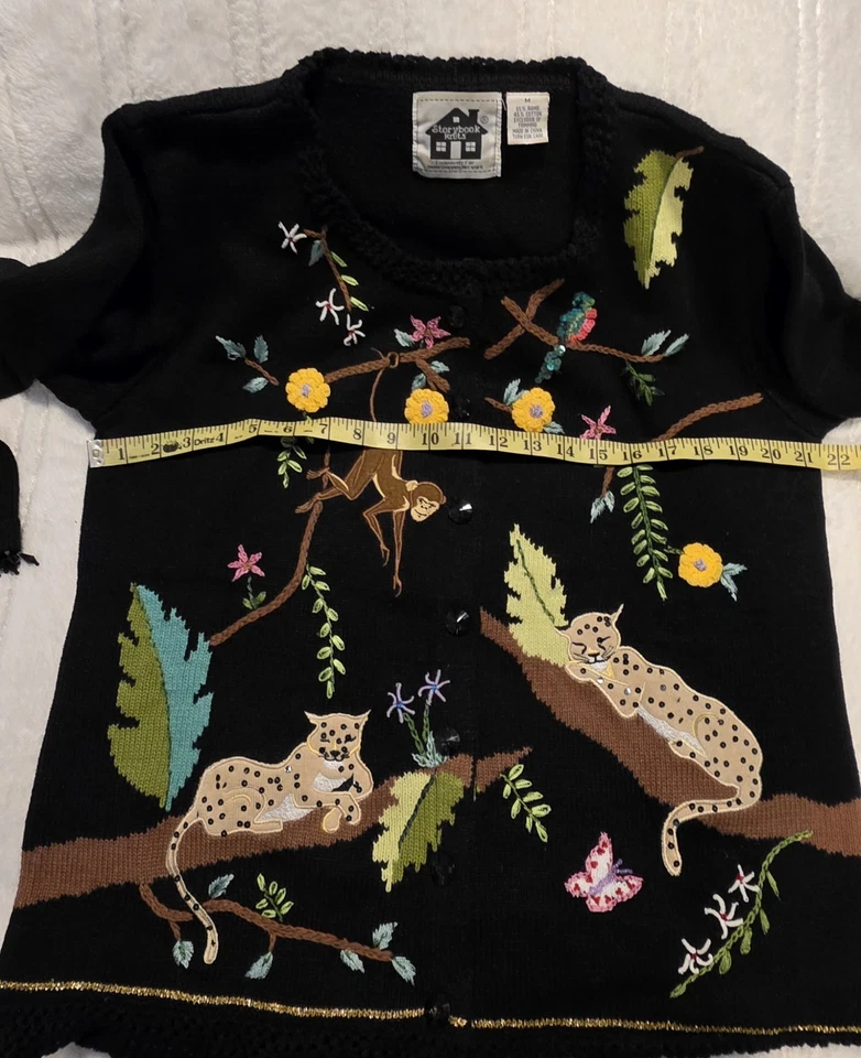 Cardigã suéter pequeno feminino storybook tricô QVC macaco chita pássaro frisado - Imagem 3 de 4