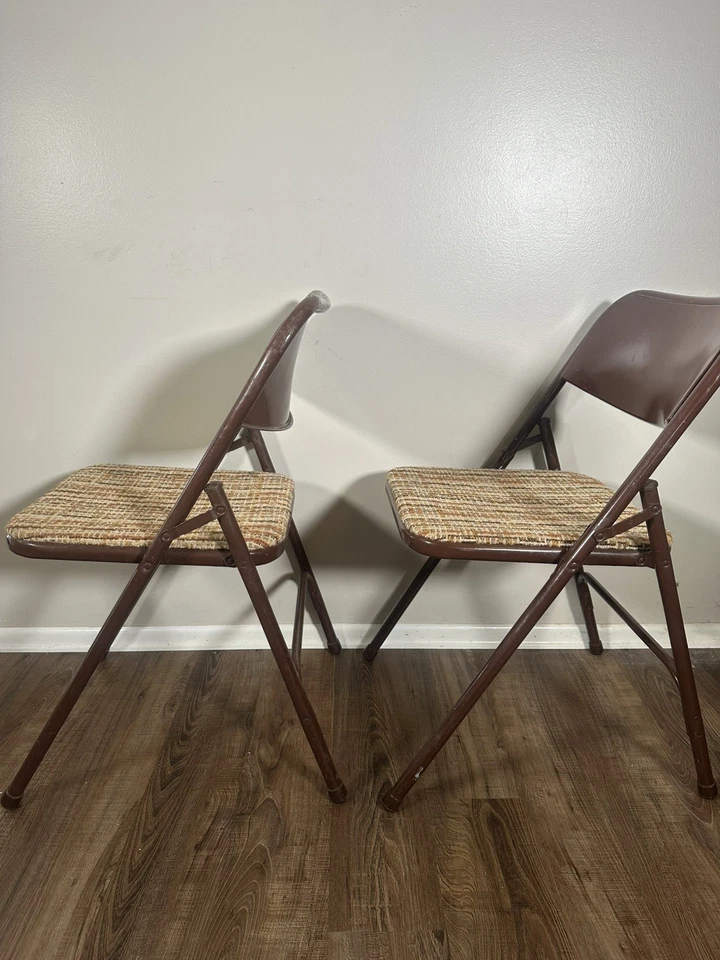 Juego de 2 sillas plegables Samsonite marrón tweed tela acolchada 1981 #3589 póker de colección Foto 3 de 4