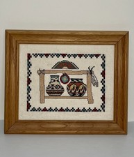 Framed Needlework Art Hand Crossstitched Native American Design 
