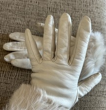 Genuine Leather Gloves Beige Fur Trim Cashmere Lined Made in Italy S/M FREE SHIP