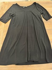 Eileen Fisher Silk Black Pleat Front Short Sleeve Dress, L