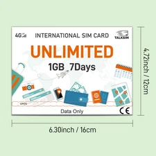 7Days Short Trip Travel SIM - 1GB Ultra-Fast 4G LTE Unlimited Data 51 Nations