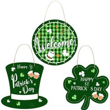 3 Pieces St. Patrick's Day Door Sign Wooden Shamrock Wreaths for Front Door Iris