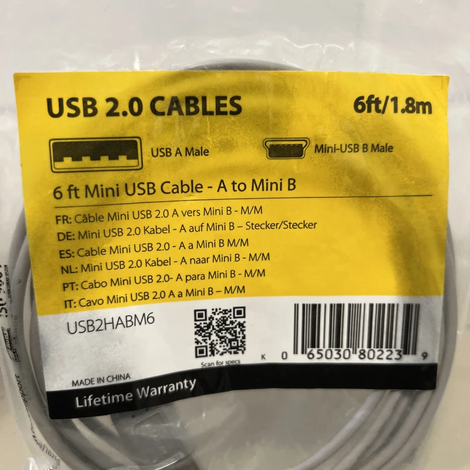 StarTech USB2HABM6 72" 6ft Mini USB Cable A 4 Pin to Mini B 5 Pin Grau Slim NEW - Image 2 of 3