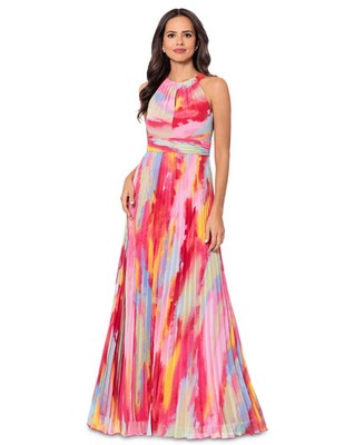 Xscape Petite Printed Pleated Maxi Dress - Fuschia Multi - Size 12p