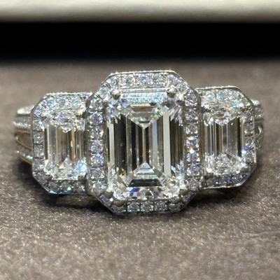 4.5Ctw Emerald Cut Moissanite Halo 3-Stone Engagement Ring 14k White Gold Plated