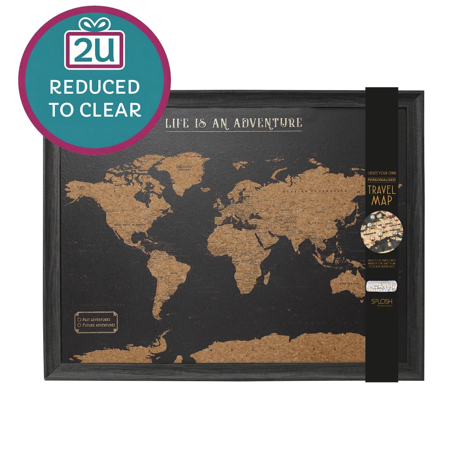 Clearance Travel Cork Board World Map 100 Pins Splosh Black Framed 93.5 x 64.5cm