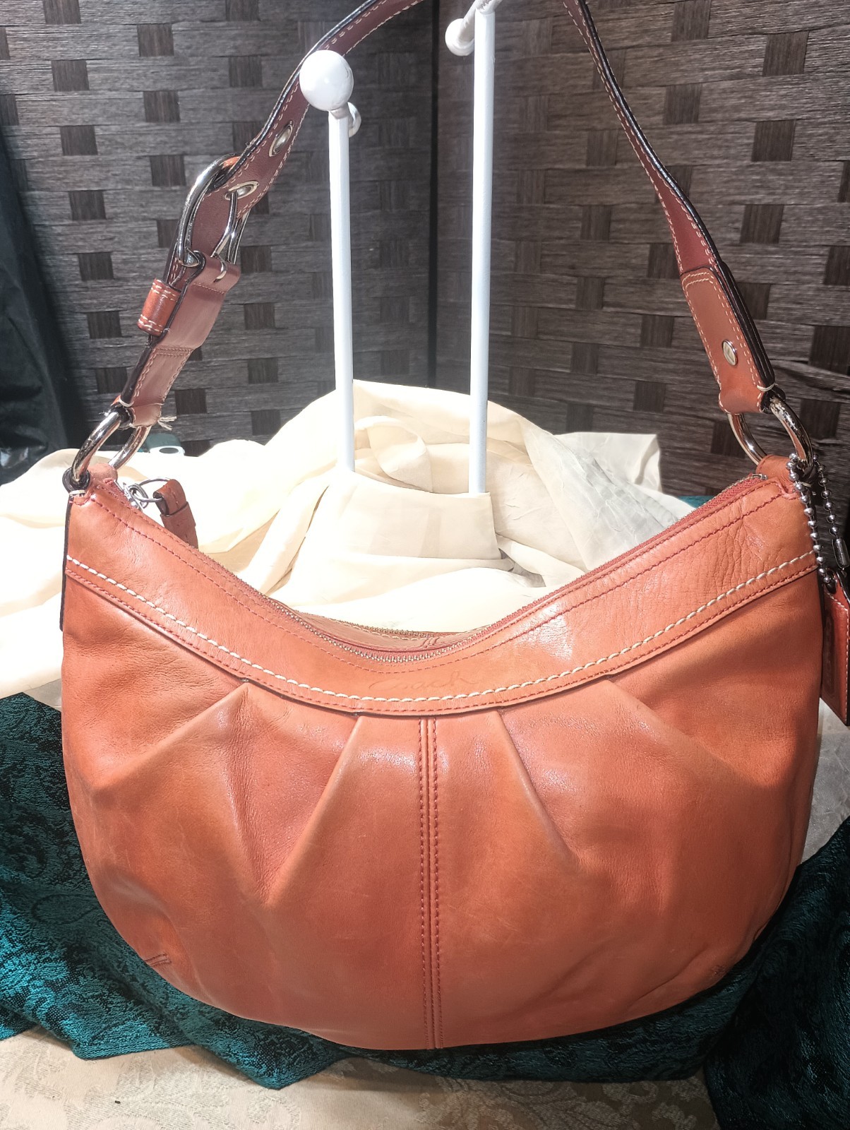 Coach F13730 Pleated Burnt Orange Leather Shoulder Bag