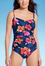 Lands' End Tropical Floral Shirred FullCoverage One-Piece Swimsuit Sz Small 6/8