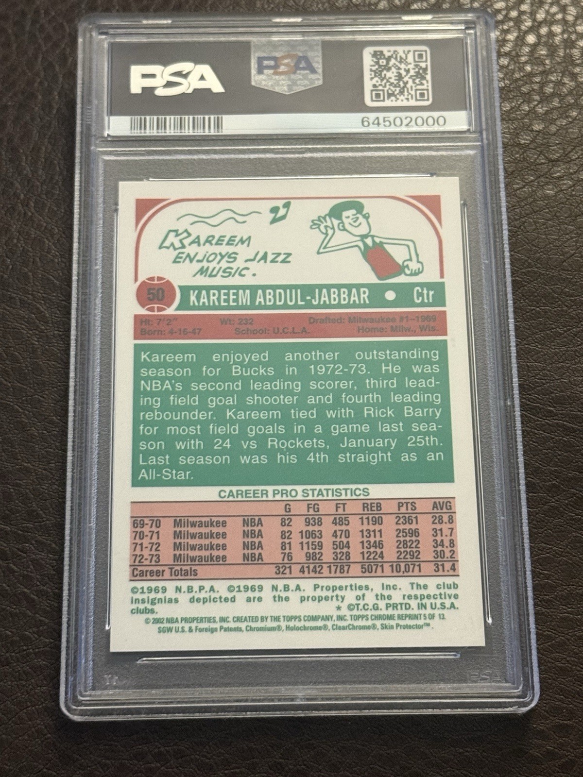 POP 1 of 3!🔥💎2001 KAREEM ABDUL-JABBAR TOPPS CHROME 1973 GOLD REPRINT #5 PSA 10 view 5