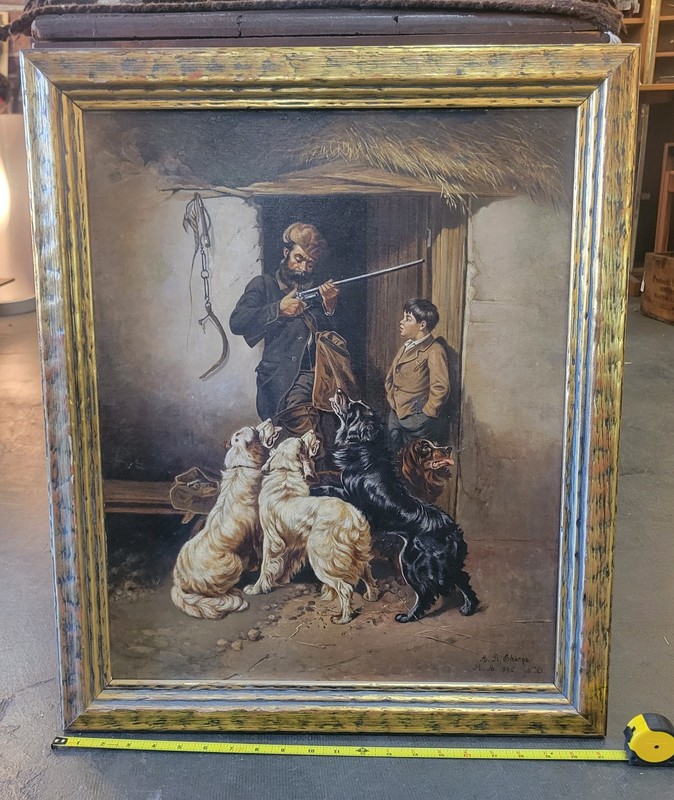 Fabulous Antique Original Oil Painting by A.R. Sharpe 1882 Man Son & Dogs