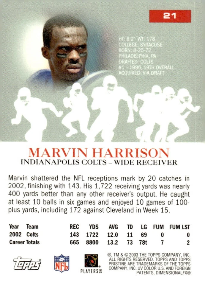 2003 Topps Pristine #21 Marvin Harrison - Image 2 of 2