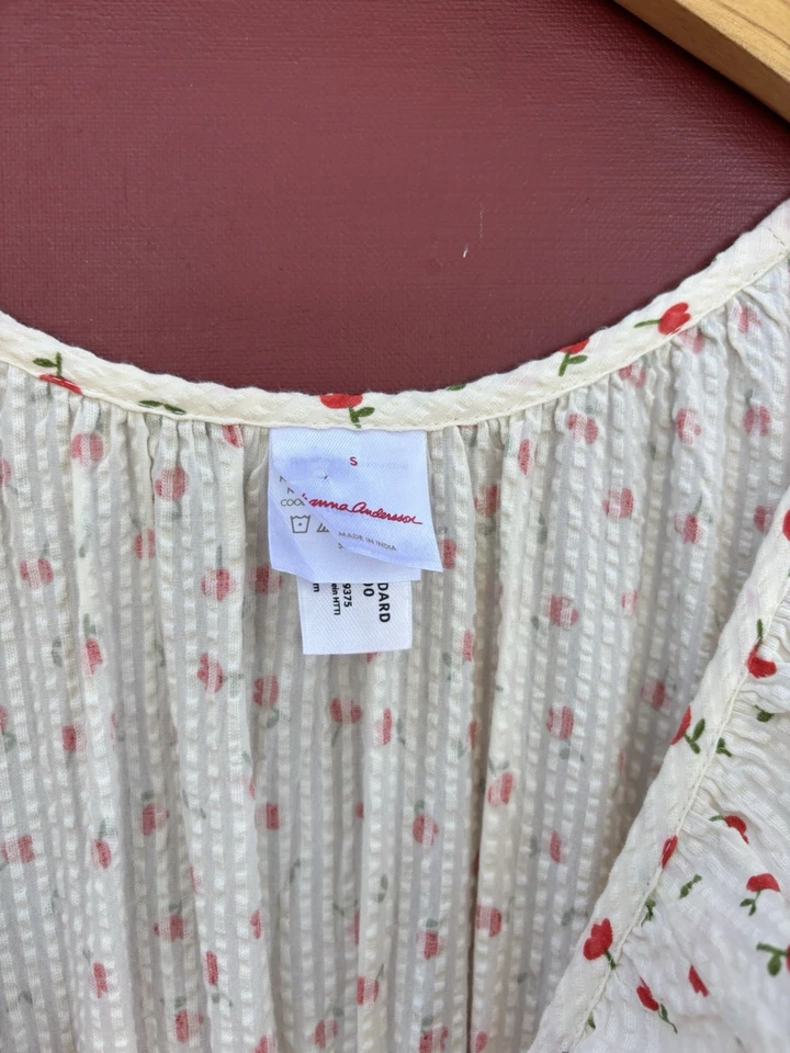 Hanna Anderson Dress Small Beige Red Floral Scoop Neck Maxi Cottagecore - Image 3 of 4