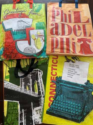 4 TRADER JOE'S NWT ๐ REUSABLE GROCERY SHOPPING TOTE BAGS NY, NJ, CT, PA