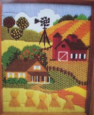 Farmstead Harvest Time wool needlepoint kit salvage project - started