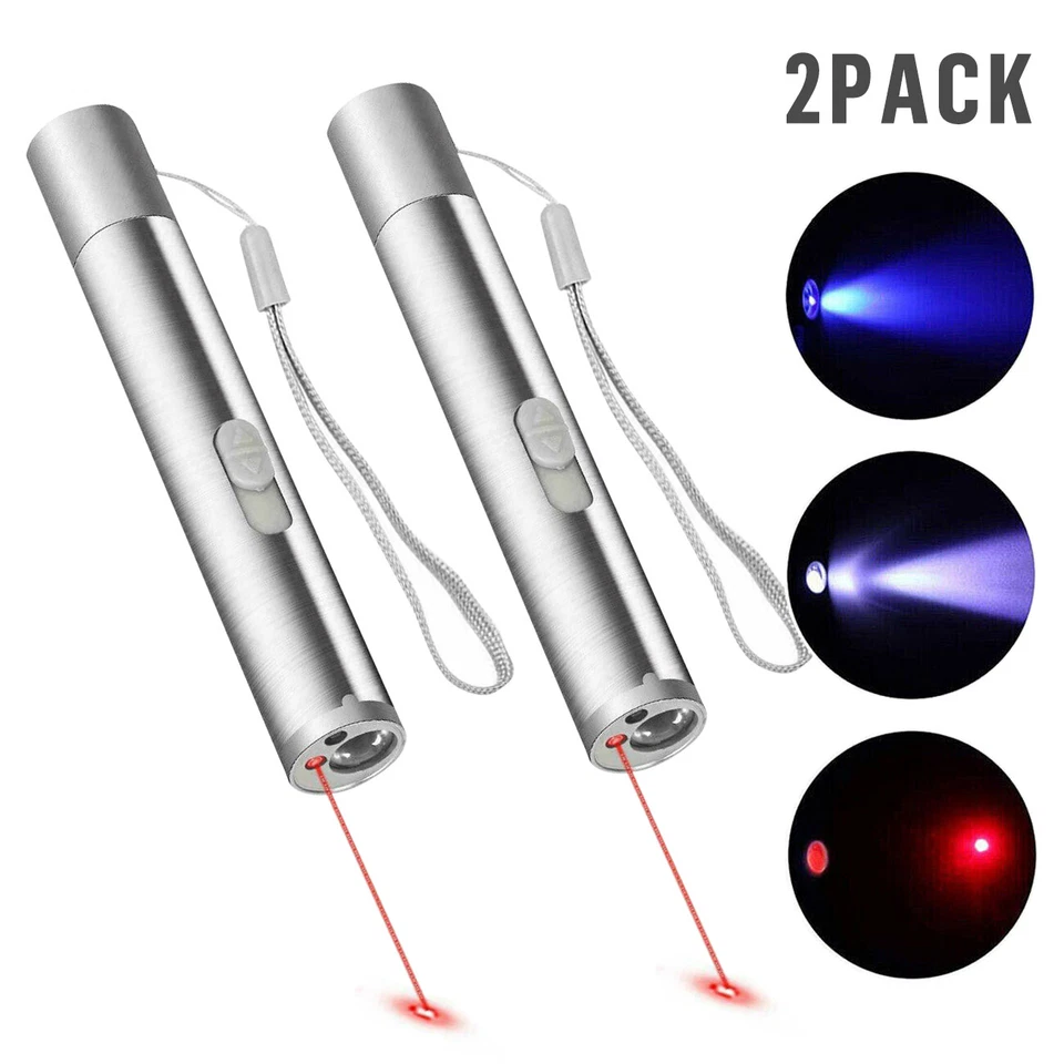 2pcs Cat Dog Toy Red Laser Pointer Pen USB Rechargeable LED Light UV Flashlight - Image 2 of 4
