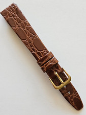 14mm - Tan Crocodile Pattern / Glossy Leather Watch Band - Gold Buckle