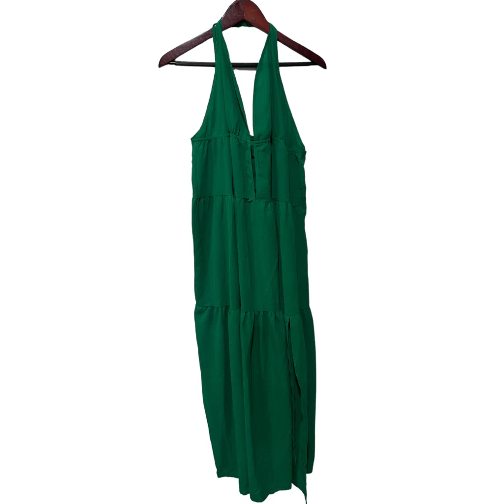 Shein Tiered Emerald Green Maxi Dress Size 3X Deep V Neck Cut Out