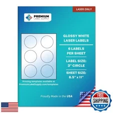 Premium Label Supply Glossy White Sticker Round Labels – 3" Circle – (6 per S