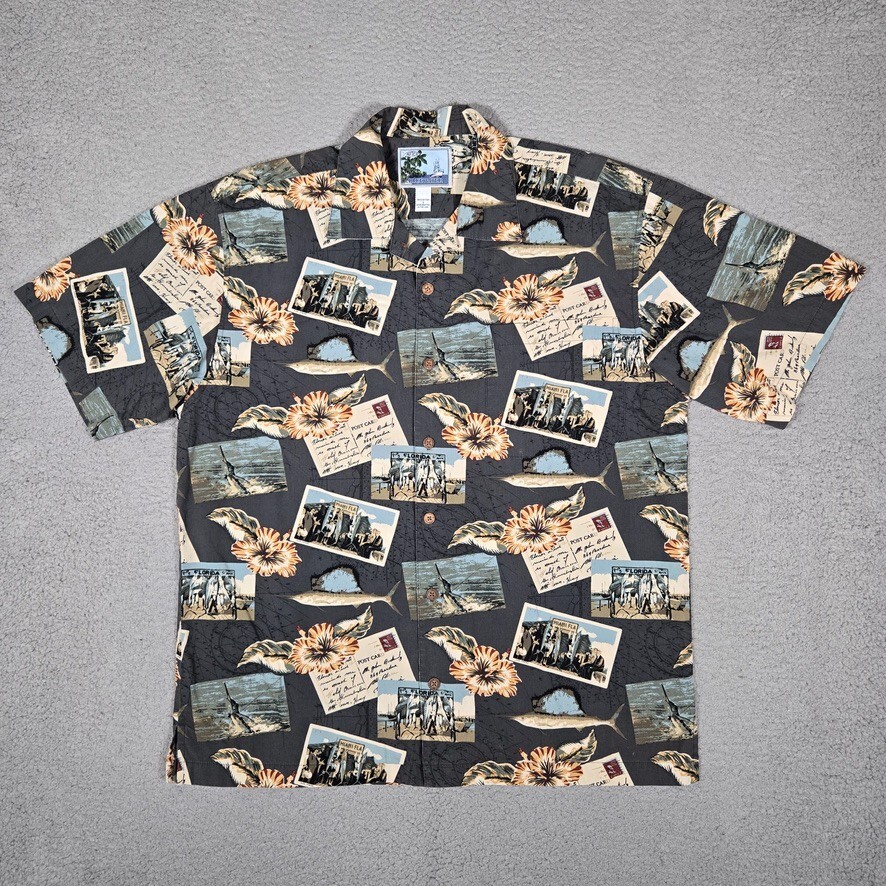 AFTCO Shirt Mens Large Miami Fish Postcards Beach Surf Casual Made in USA Logo