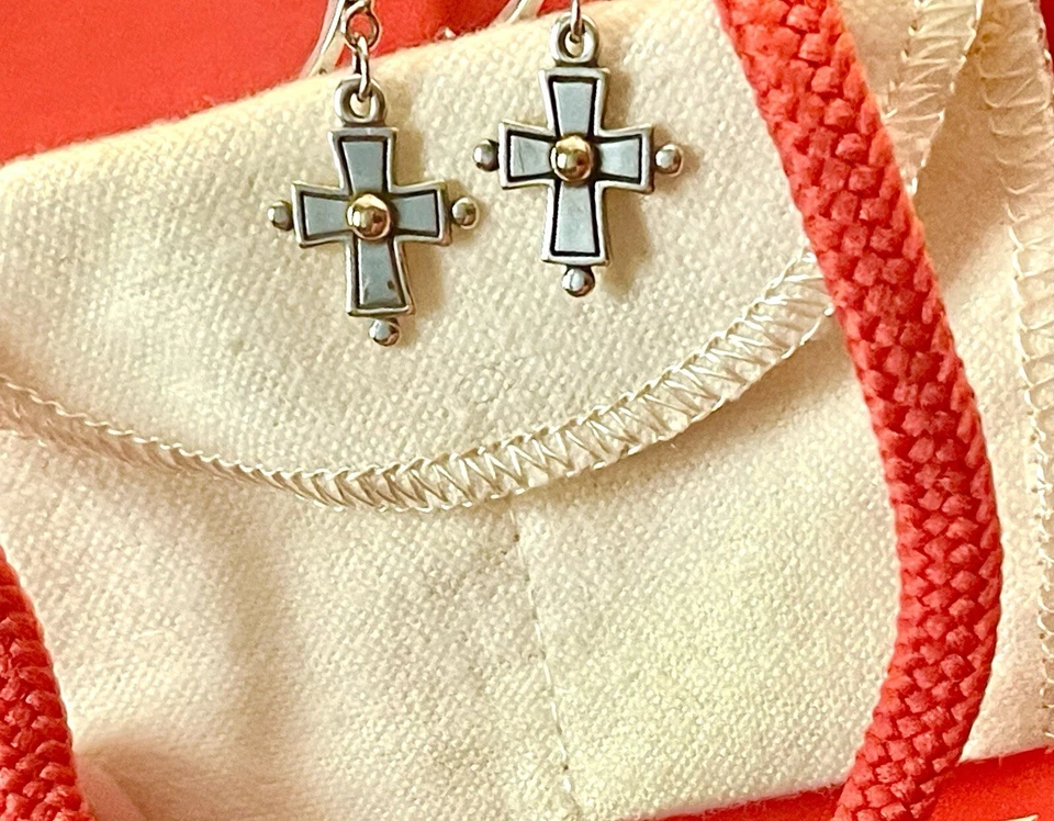 James Avery Retired Sterling Silver & 14k Yellow Gold Cross Hook Earrings -RARE - Image 2 of 4