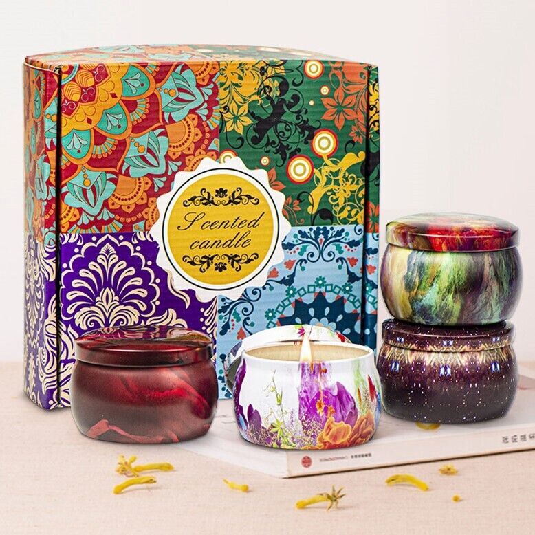 Velas de terapia aromática de cera de soja natural 4 aromas lata caja de regalo sin humo