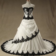 Gothic Black and White Wedding Dresses Strapless Ruffle Satin A-Line Bridal Gown