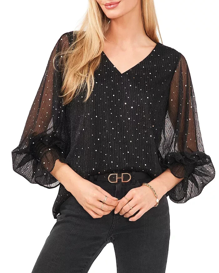 Vince Camuto Printed Sheer Sleeve Top Black L135656 Womens Size XS