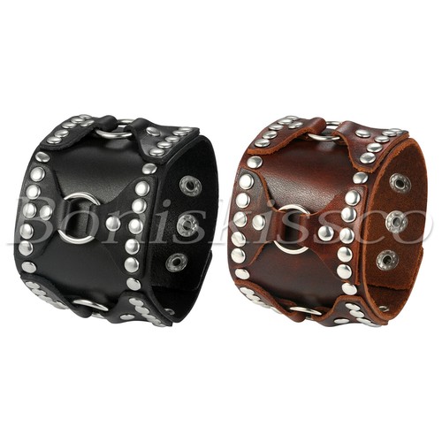 Punk Rocker Rivet Heavy Wide Leather Wrap Cuff Bangle Bracelet Men's Wristband - Picture 18 of 18