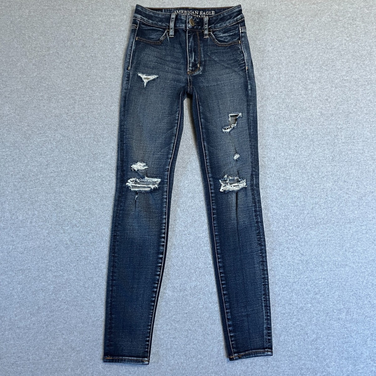 American Eagle Jeans Womens 00 Blue Jeggings High Rise Dark Ripped Faded  Denim