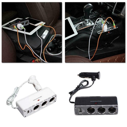 Three Port Multi Socket Car Cigarette Lighter Splitter Charger Adapter USB V1T6 - Zdjęcie 2 z 13