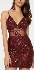 Pretty Little Thing Sequin Sheer Panel Burgundy Bodycon Dress Size 4