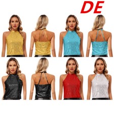 DE Damen Neckholder Tank Tops Glitzer Shirt Pailletten verziert Ärmellos Weste