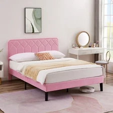 Twin/Full/Queen Upholstered Platform Bed Frame w/ Headboard Mattress Foundation