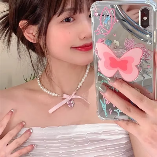 Cute Pink Heart Bow Choker Necklace Pearl Y2K Lolita Fashion Jewelry ...
